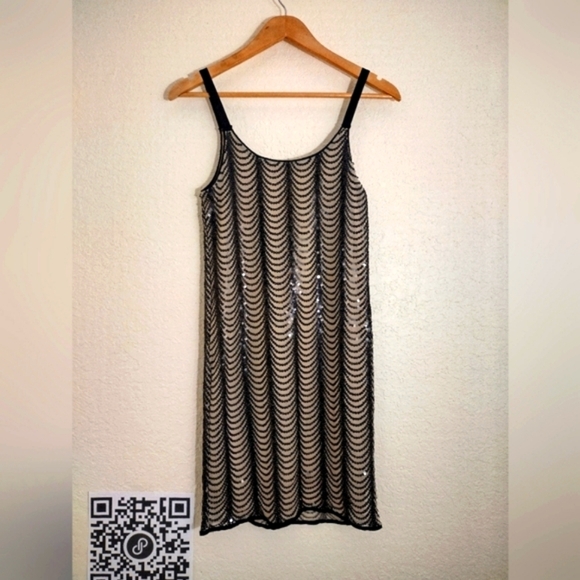 Aqua Sleeveless Nude And Black Sequined Dress - Picture 7 of 8